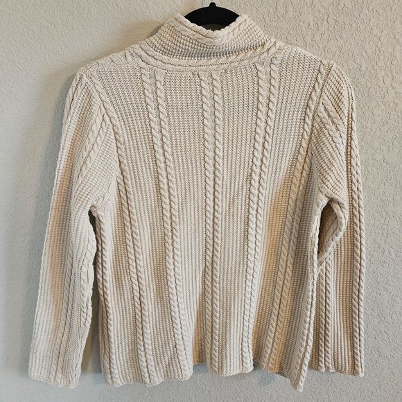 Jeanne Pierre Fisherman Knit Woman Sweater Size L Shawl V Neck Cotton Ivory - Picture 3 of 5